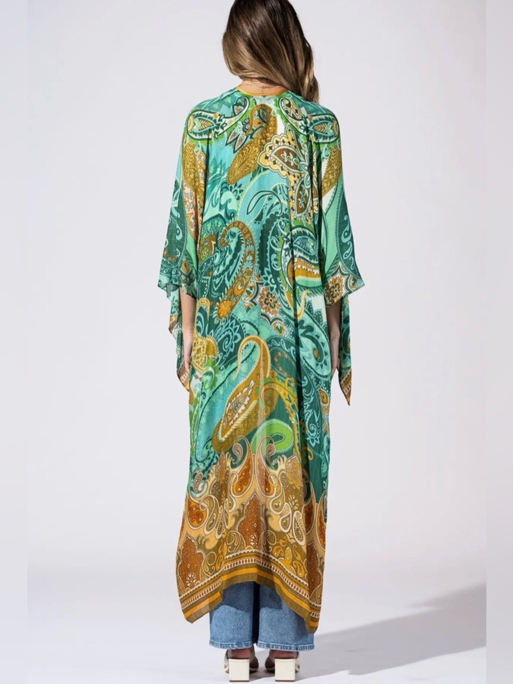 Emerald Heirloom Bohemian Green & Mustard Paisley Duster Kimono - Picture 4 of 4